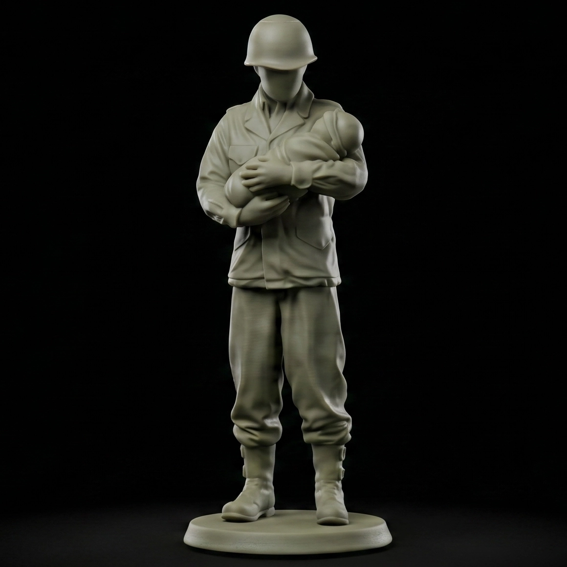 Matte OD green resin 100mm figurine of a featureless soldier in an M1943 field jacket in a fatherly pose."
