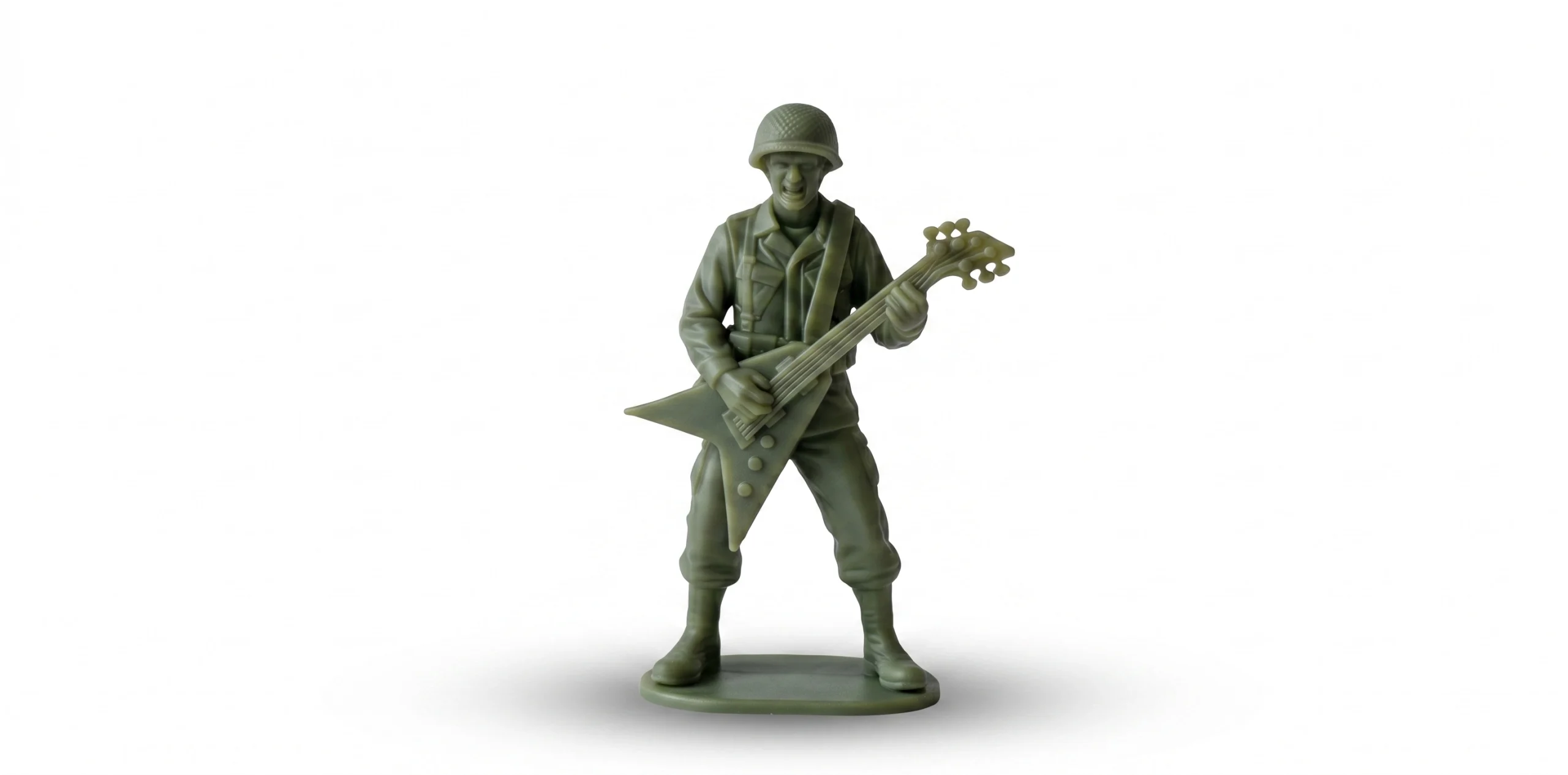 GG Flying V Guitar This is for my woo-commerce shop: analyze the image attached. Then give it a clever name (can be sarcastic, funny, witty), then, write the text for the "Alt Text", then the caption. Then, for the actual shop description, provide a short description, then a long description with a bullet format list at the end listing the highlights of the design. Make sure to mention that these are not toys, they are meant for 14years old and older, 55mm tall, glossy green resin, made in small quantities (don't say handcrafted on the description as I feel that can be misleading). Avoid elevating the description with phrases like "museum quality, gallery ready, etc. Also, mention on the highlight list that it comes in a clear plastic enclosure that serves as a display.