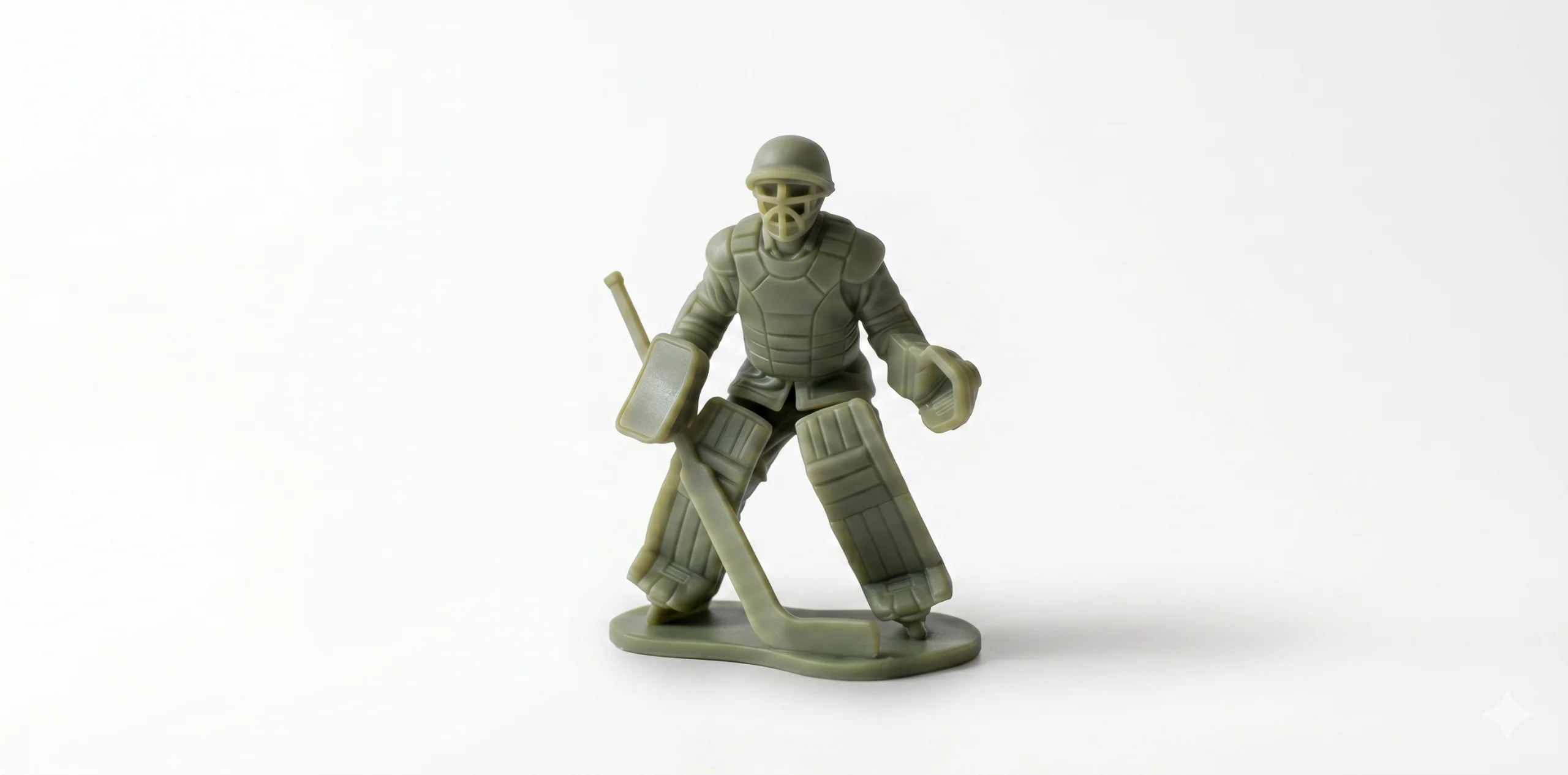 GG Goalie green resin figurine of a WWII-style soldier wearing an M1 helmet and field jacket layered with vintage hockey goalie pads, holding a goalie stick and catching glove,