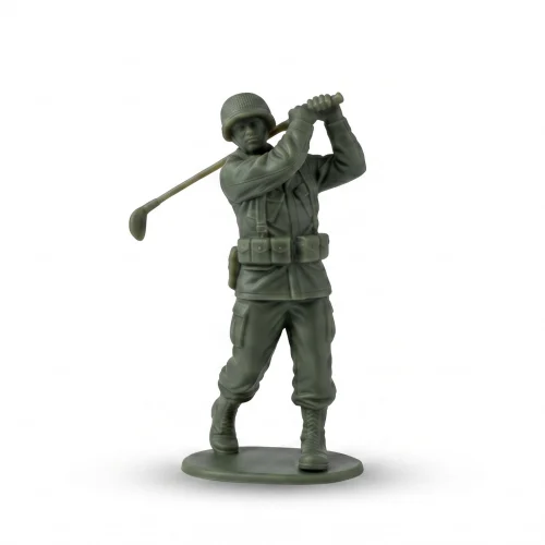 green resin figurine of a modern soldier wearing a tactical helmet and OCP-style uniform, mid-swing with a golf club,