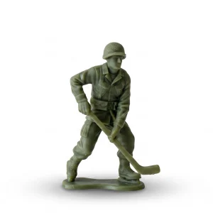 green resin figurine of a WWII-style soldier wearing an M1 helmet and field jacket, equipped with ice skates and holding a hockey stick