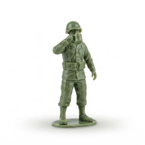 A green resin figurine of a WWII-style soldier wearing an M1 helmet, webbing, and uniform, taking a sip from a standard coffee mug