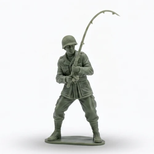 green resin figurine of a WWII-style soldier wearing an M1 helmet and field jacket, gripping a heavily bent fishing rod as if reeling in a catch