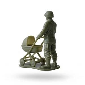 55mm glossy green resin figurine of a WWII-style soldier in uniform, pushing a baby stroller,