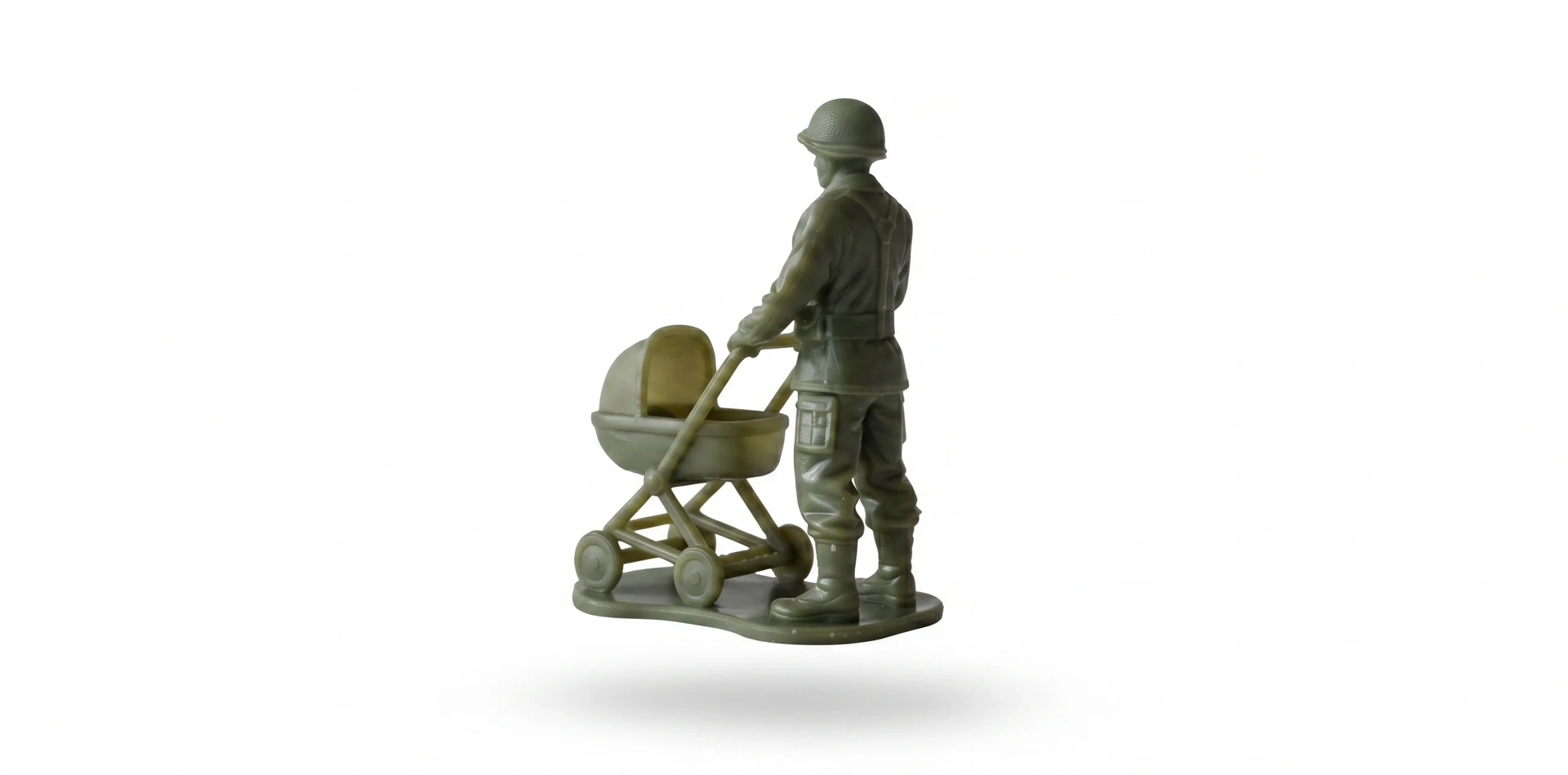GG_Stroller Rear 55mm glossy green resin figurine of a WWII-style soldier in uniform, pushing a baby stroller,