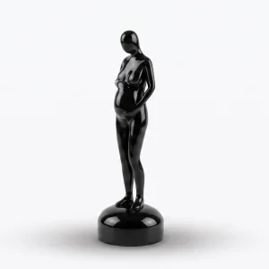 A dynamic matte-black abstract sculpture of a person holding a small child overhead, standing on a circular base against a pure white background with a soft shadow.