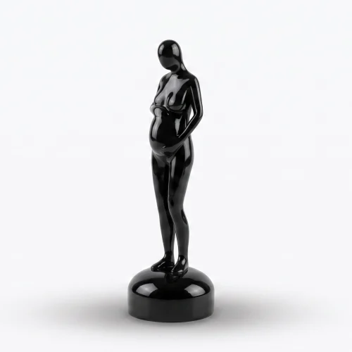 A dynamic matte-black abstract sculpture of a person holding a small child overhead, standing on a circular base against a pure white background with a soft shadow.