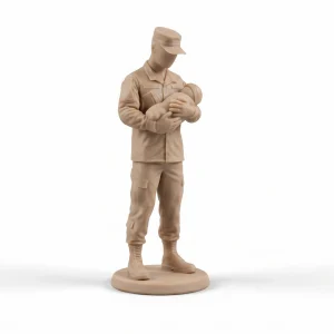 A detailed beige resin figurine of a male soldier in a service cap, gently cradling a newborn baby, on a plain white studio background with soft diffuse shadows.