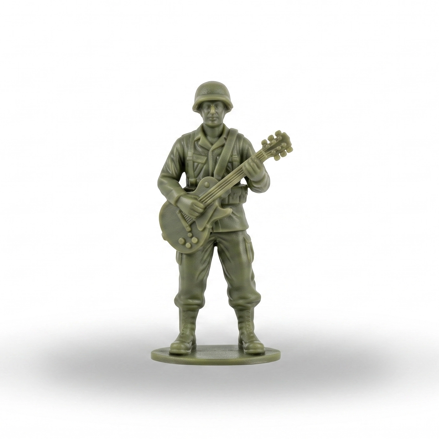 Operation: Six-String Strategy (Pvt. Riff) A green resin figurine of a WWII-style soldier wearing an M1 helmet, webbing, and uniform, playing a solid-body electric guitar