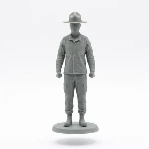 A featureless matte green military figurine wearing a campaign hat and uniform, standing on a circular base against a pure white background.