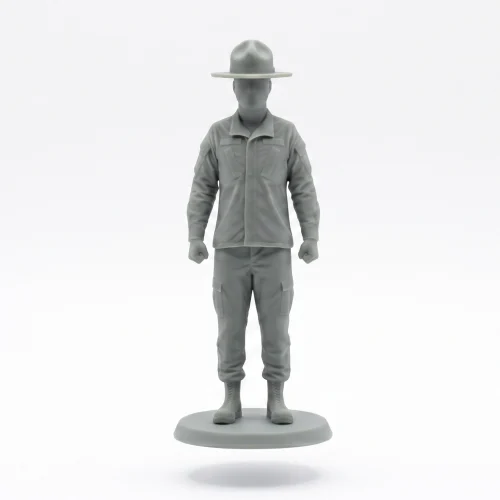 A featureless matte green military figurine wearing a campaign hat and uniform, standing on a circular base against a pure white background.