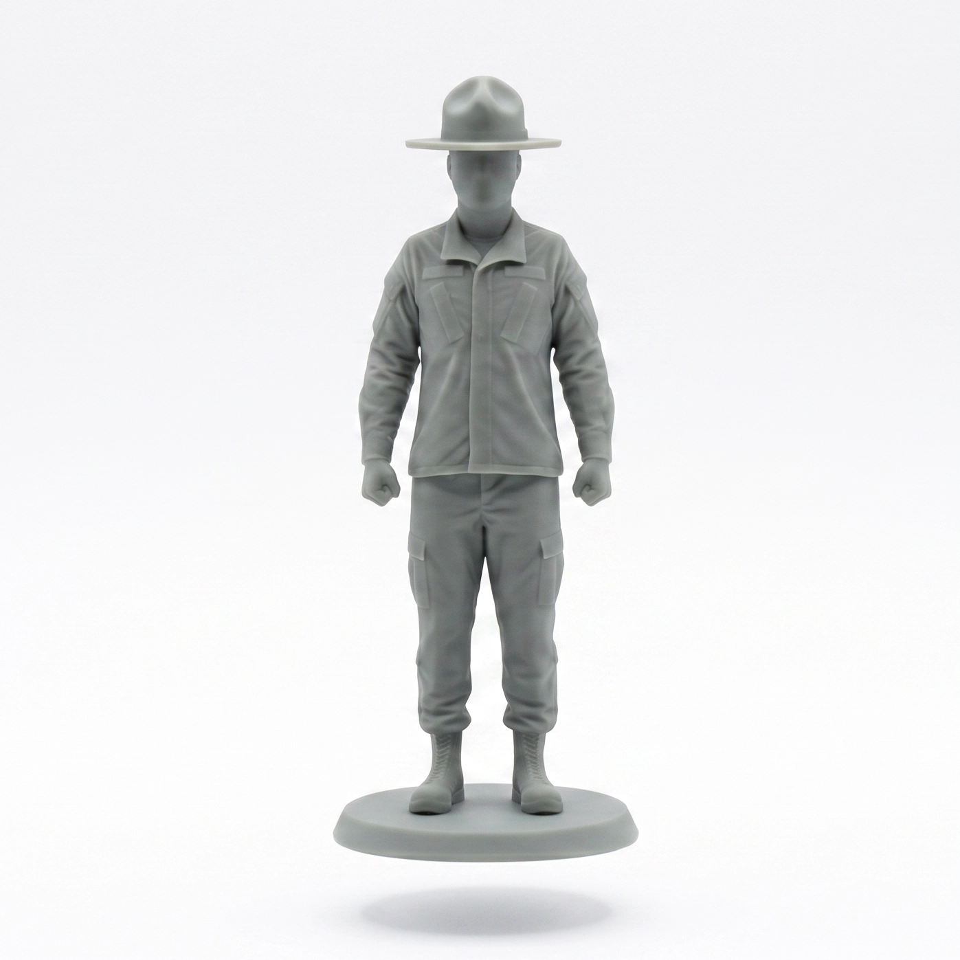HP ACU DS Male A featureless matte green military figurine wearing a campaign hat and uniform, standing on a circular base against a pure white background.