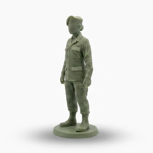 Matte green 110mm female military figurine wearing a beret and BDUs. The minimalist figure has a featureless face and stands on a solid round base against a pure white background with a soft drop shadow.