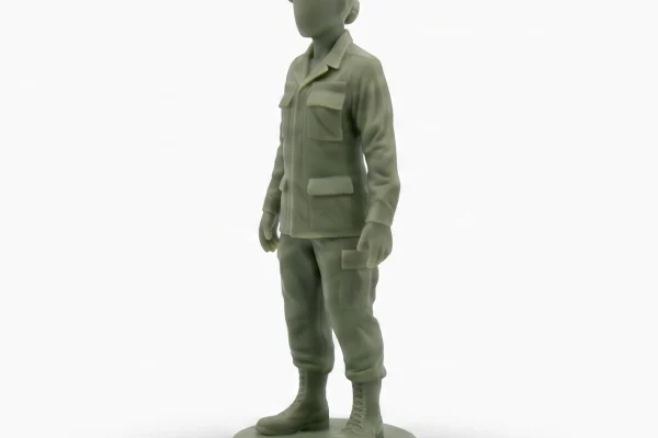 Matte green 110mm female military figurine wearing a beret and BDUs. The minimalist figure has a featureless face and stands on a solid round base against a pure white background with a soft drop shadow.