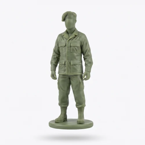 A pristine, detailed, unpainted green resin figurine of a tactical modern soldier wearing a beret and full multi-pocket uniform, standing on a round base.