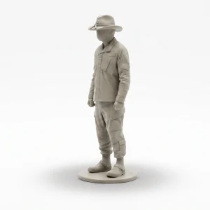A highly detailed 55mm collectible figurine of a US Cavalry soldier in a tan OCP camouflage uniform and Stetson hat