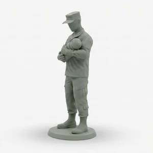 A highly detailed, solid matte grey unpainted 3D-print miniature figurine of a faceless modern soldier in a utility cap and field jacket, standing in a left-profile view, cradling a baby in his arms. The figure is positioned on a simple circular base against a plain white background.