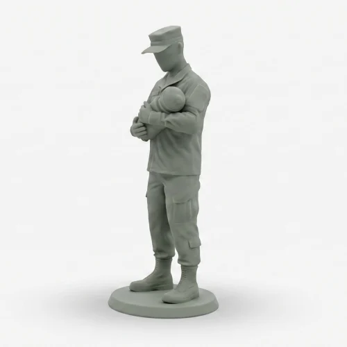 A highly detailed, solid matte grey unpainted 3D-print miniature figurine of a faceless modern soldier in a utility cap and field jacket, standing in a left-profile view, cradling a baby in his arms. The figure is positioned on a simple circular base against a plain white background.