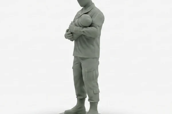 A highly detailed, solid matte grey unpainted 3D-print miniature figurine of a faceless modern soldier in a utility cap and field jacket, standing in a left-profile view, cradling a baby in his arms. The figure is positioned on a simple circular base against a plain white background.