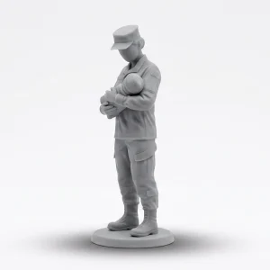 Profile view of a grey 3D-printed soldier figurine holding a swaddled baby, isolated on white.