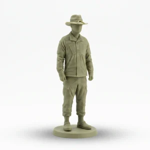 greenish-khaki miniature military figurine of a modern soldier wearing modern utility gear and a Cavalry Stetson style hat.