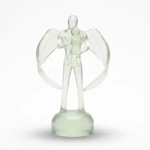 A flawless, clean translucent glass figurine of a winged guardian holding a child against a pure white background with a soft shadow