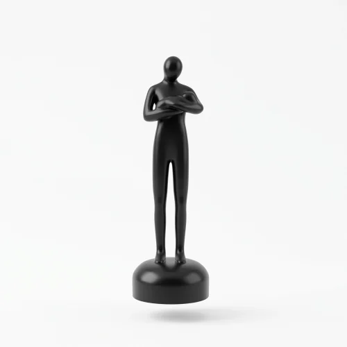 flawless, full-length, glossy black minimalist figurine of a slender human form with clasped hands, standing centrally on a circular base