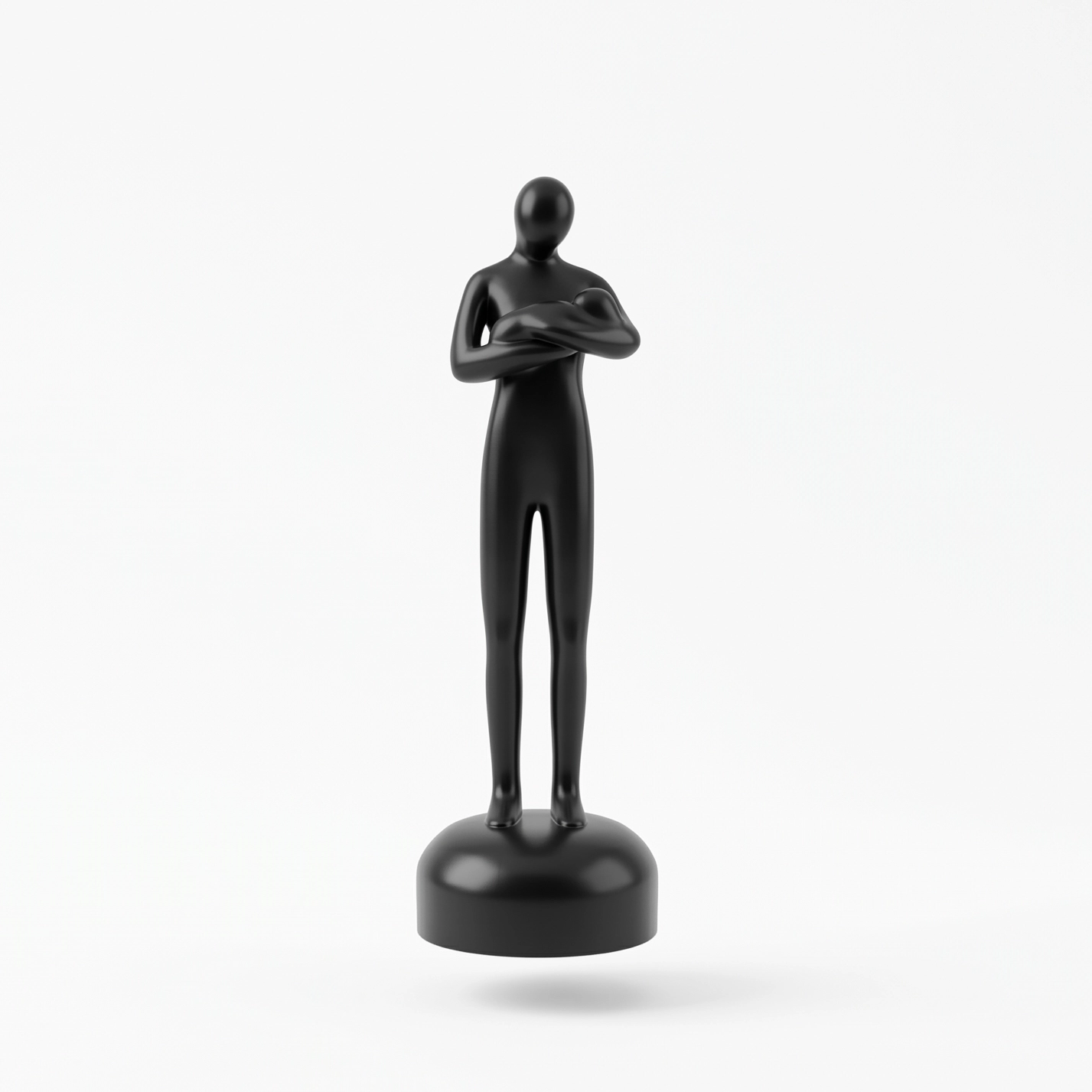 MiF Father Figure Black flawless, full-length, glossy black minimalist figurine of a slender human form with clasped hands, standing centrally on a circular base