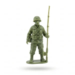 A green plastic toy soldier figurine, Sergeant Hook from the Angler Platoon, holding a fishing rod.