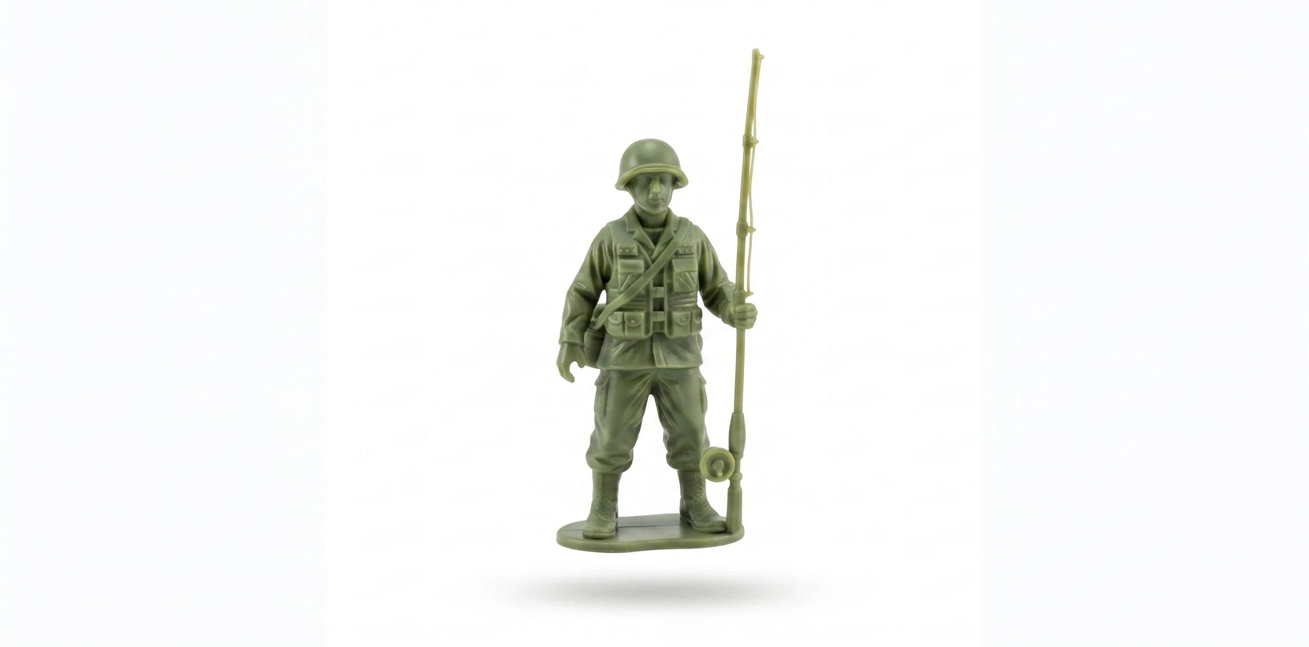 GG SGT Hook A green plastic toy soldier figurine, Sergeant Hook from the Angler Platoon, holding a fishing rod.