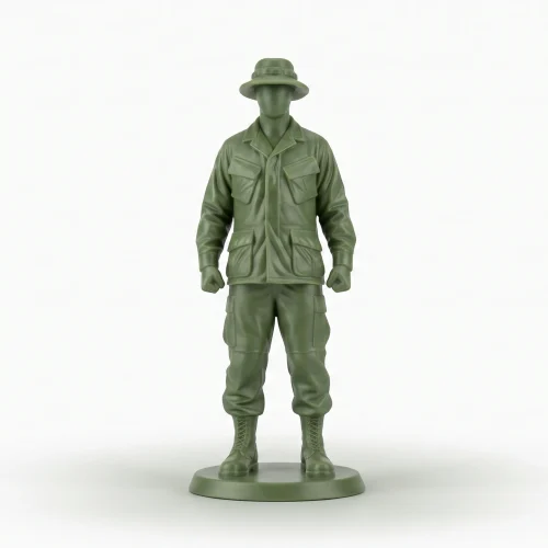 solid green plastic military figurine of a Male US Army Soldier wearing a boonie hat and Vietnam-era Jungle Fatigues, part of the Heroes Post collection, presented on a pure white background with a soft shadow.
