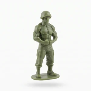 An ultra-clean, professional studio photograph of a muscular green plastic toy soldier figurine, Sgt. Swole,