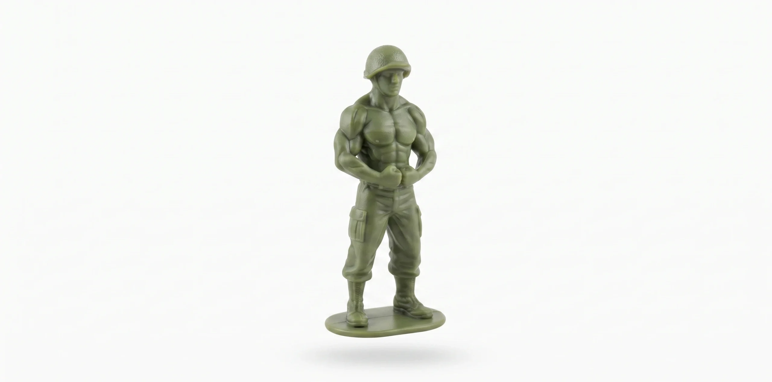 sgt_Swole An ultra-clean, professional studio photograph of a muscular green plastic toy soldier figurine, Sgt. Swole,